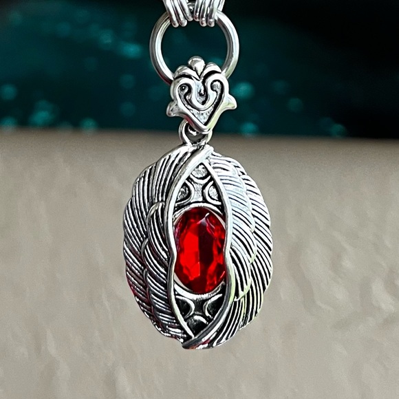 stainless steel necklace double wheat chain angel wings red stone charm . - Picture 11 of 13